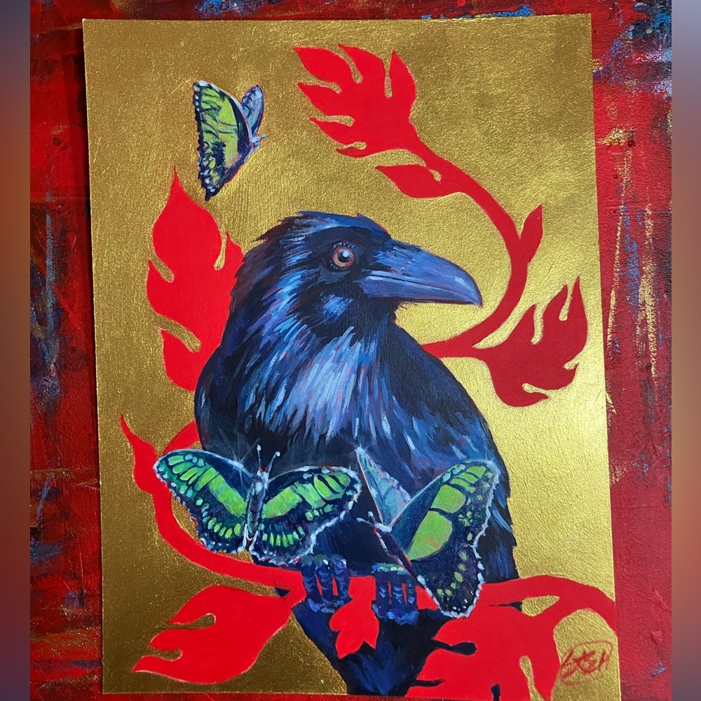 Original Raven painting Butterfly Gold bird art Red home Artwork Artettina USA